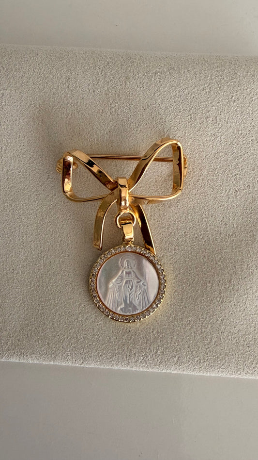 Golden Bow Shaped Baby Pin with Miraculous Virgin Mary Medal