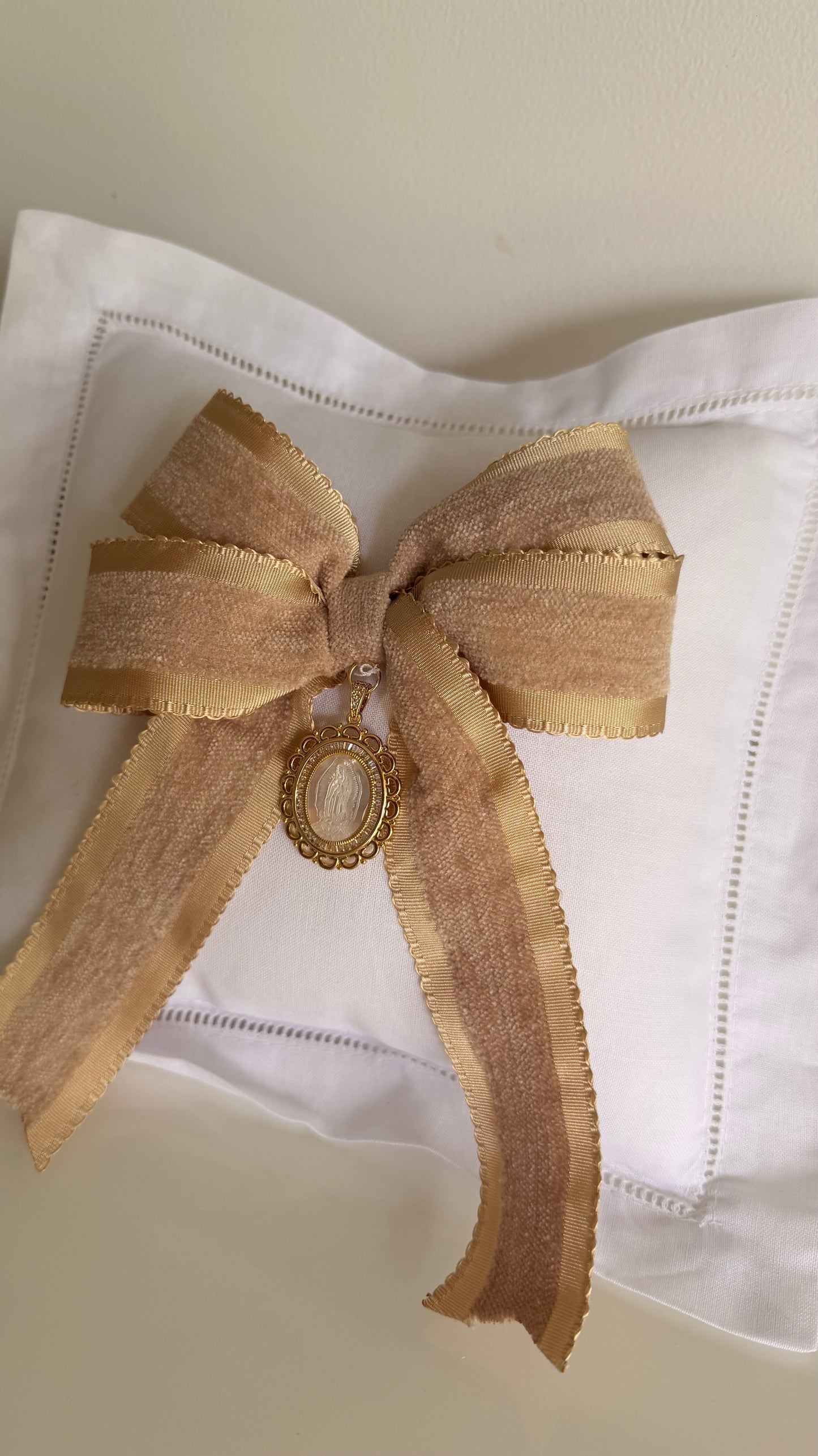 Metal of the Virgin of Guadalupe Velvet Bow Baby Pilow