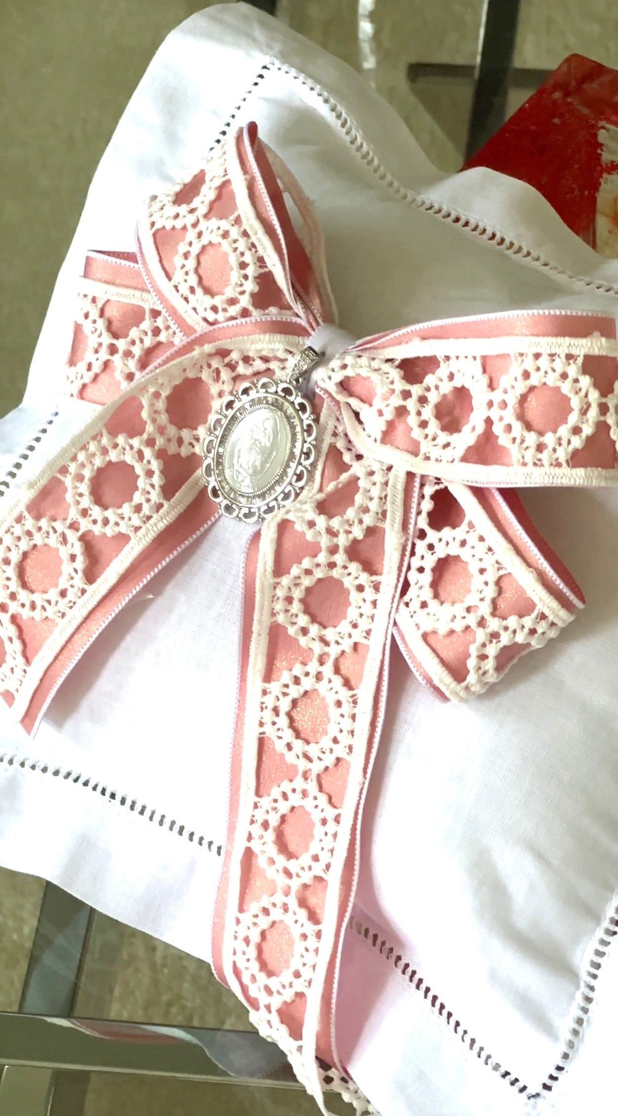 Embroidery Pink Bow -  Decorative Baby Pillow