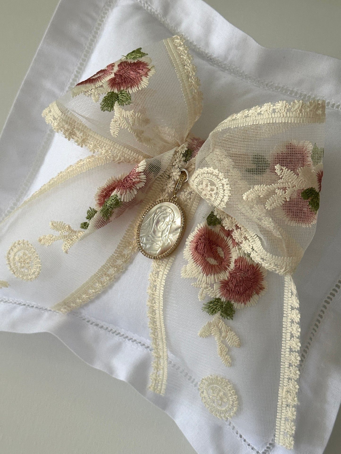 Tulip Pattern Bow and Mother Mary Charm Baby Pillow
