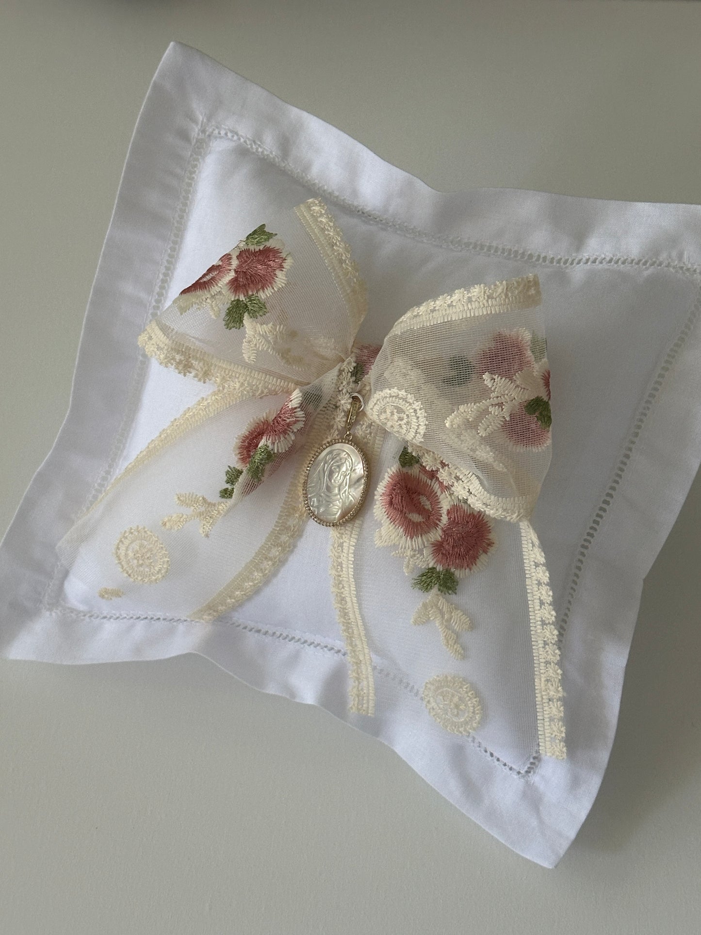 Tulip Pattern Bow and Mother Mary Charm Baby Pillow