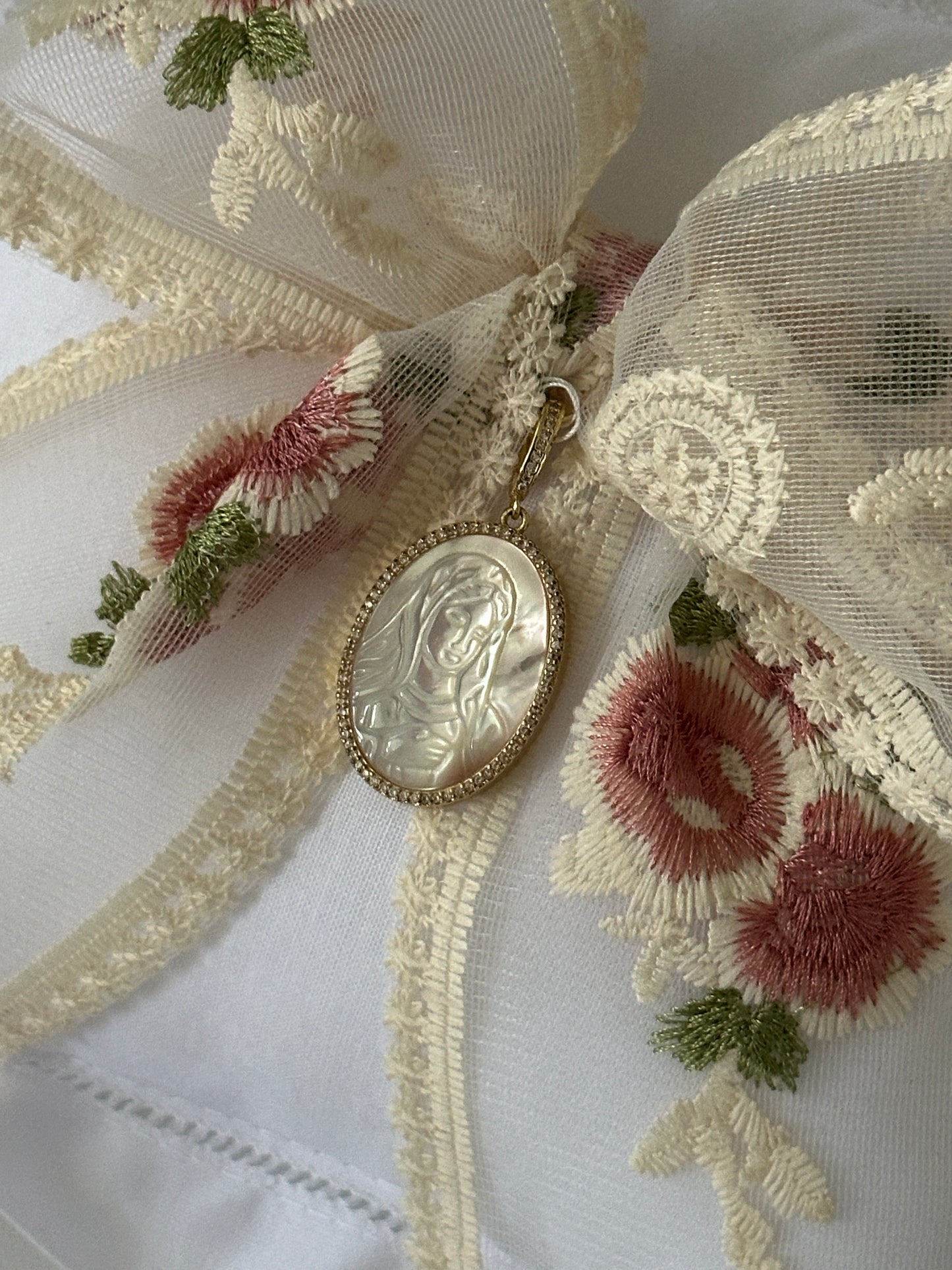 Tulip Pattern Bow and Mother Mary Charm Baby Pillow