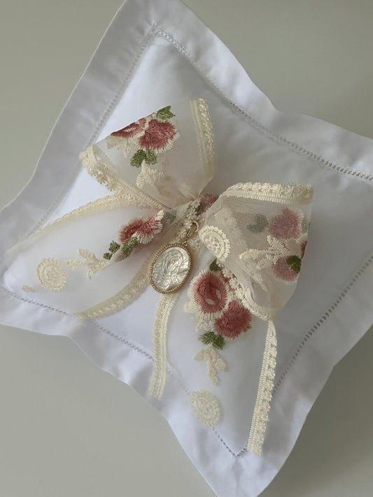 Tulip Pattern Bow and Mother Mary Charm Baby Pillow